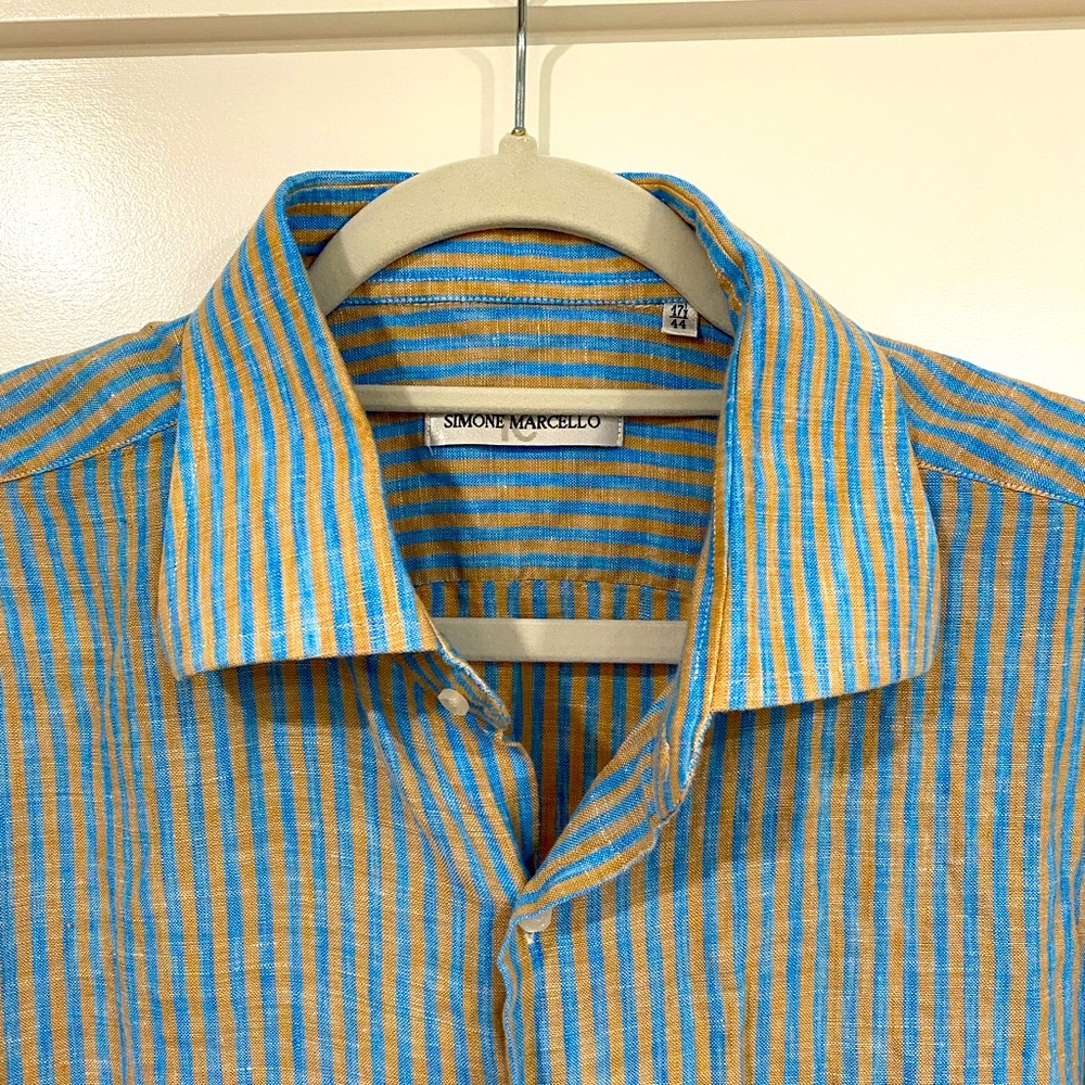 Simone Marcello - Linen Men shirt. Blue and tan strips. Size 44, 17 1/2.